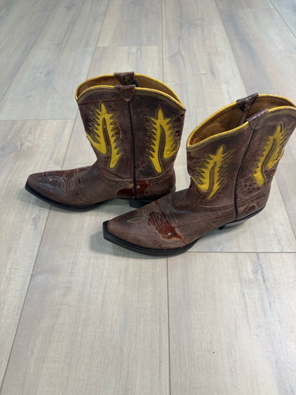 Johnny Ringo Brown Leather Boots with Yellow Trim